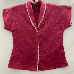 Vintage pink shirt with white trimmed lace day/night blouse with belt loops (M)